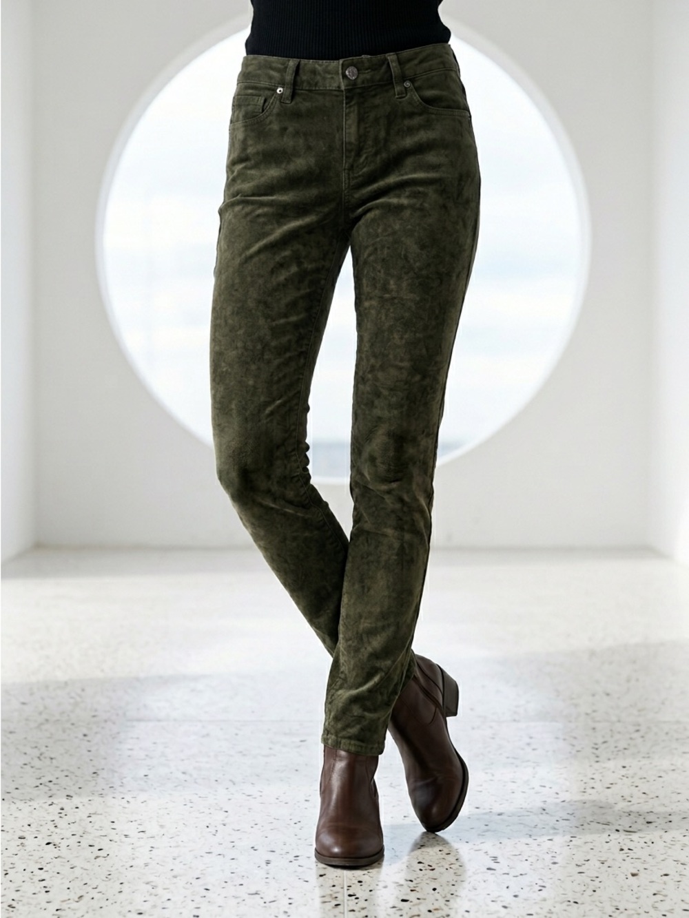 Lucky Brand Los Angeles Y2K Vintage Olive Green Slim Suede-Look Pants Size-6